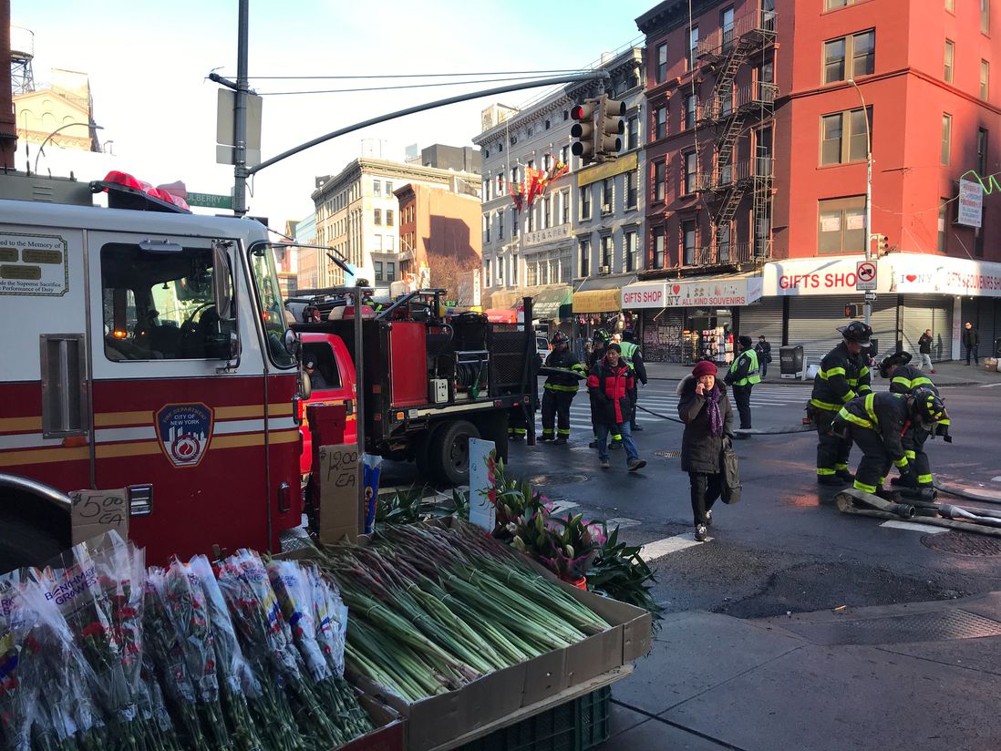 The scene of a fire in Chinatown at the building housing archives for the Museum of Chinese in America.
